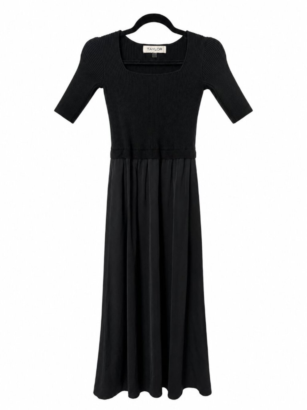 Taylor Black Mixed Media Ribbed Knit & Satin Look Maxi Dress Size Small